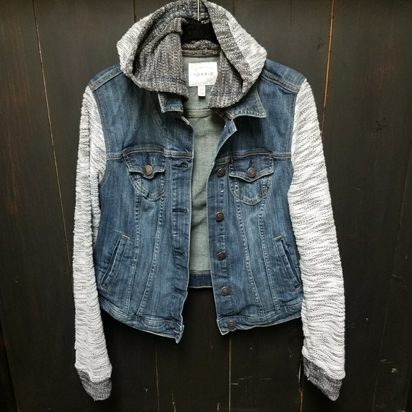 jean jacket with sweater sleeves and hood